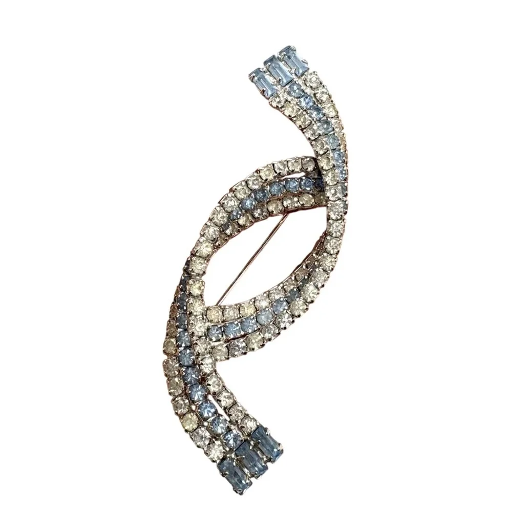 Vintage Light Blue & Clear Rhinestone Twisted Silver Tone Retro Mod 50s/60s